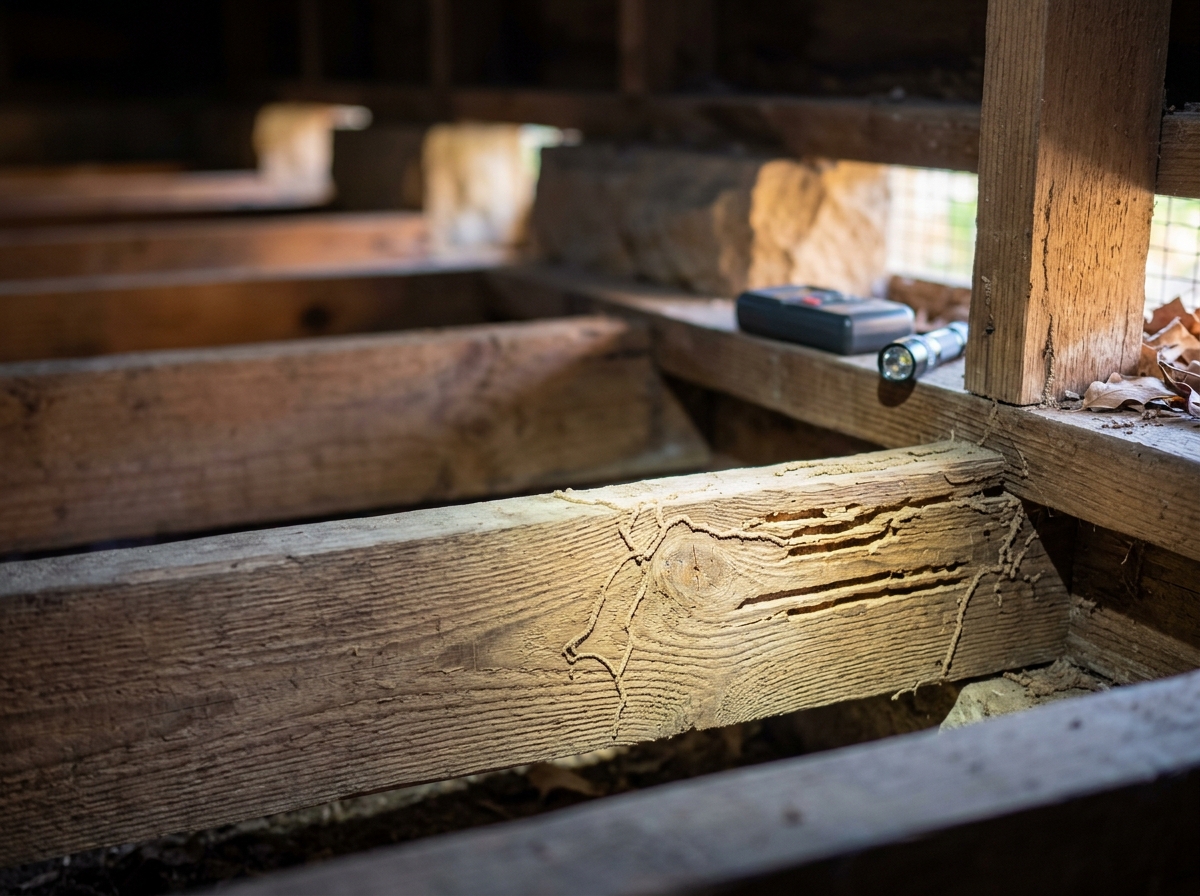 Timber joist and stud with termite mud tubes and honeycombed grooves, lit by raking light in a crawlspace with sandstone footings.