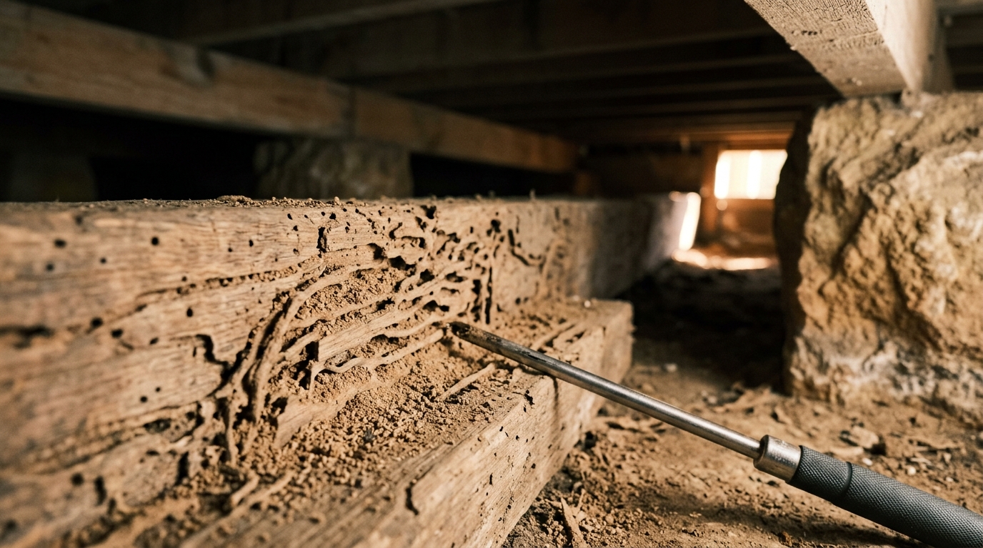 Termite-damaged timber joist with winding galleries and powdery frass beside a steel probe in a dim crawl space.