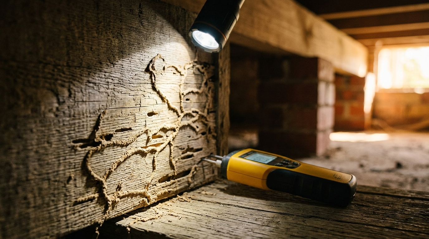 Torchlight reveals termite tunnels and hollowed galleries in a timber stud, with a moisture meter probe beside it in a crawl space.