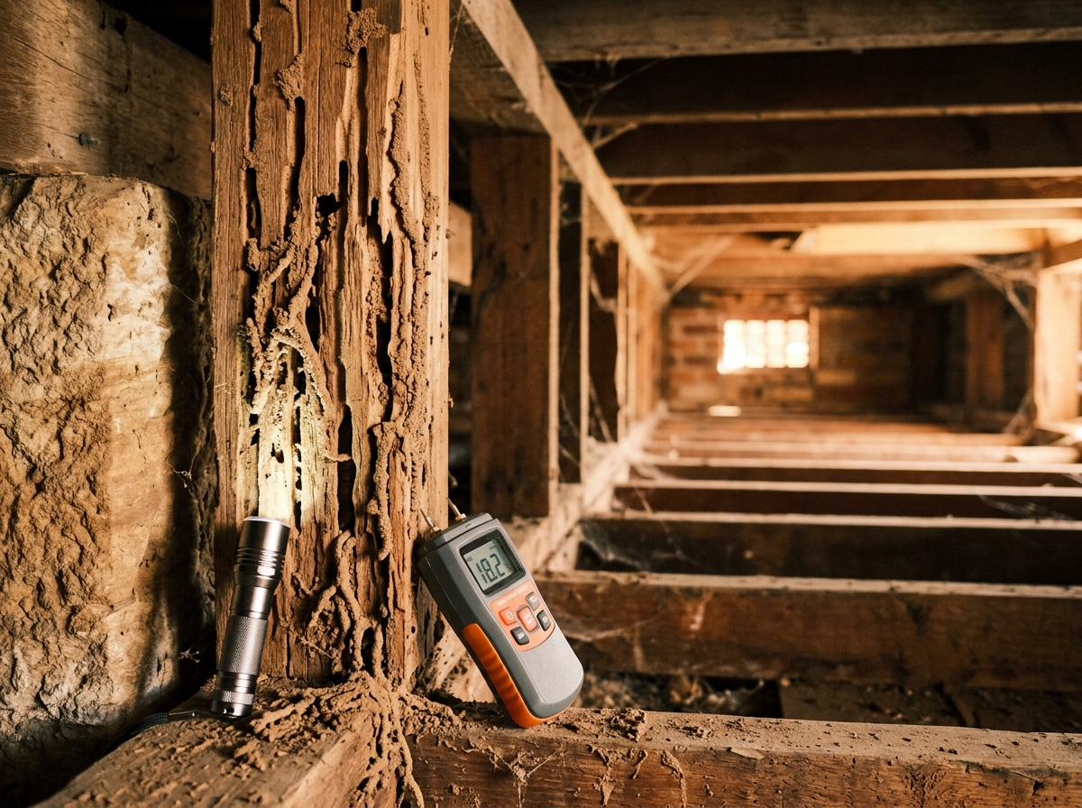 Termite-damaged timber stud with mud tunnels and hollowed grain, a torch and moisture meter beside it in a crawl space