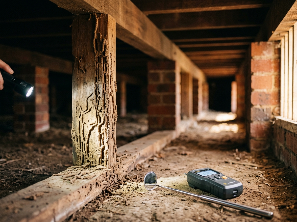 Torch beam on a timber wall stud showing termite galleries and mud tubes, with a moisture meter beside it in a crawl space.