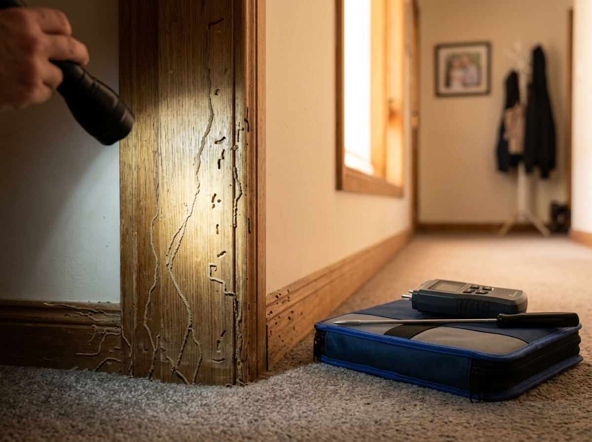 Flashlight beam across a timber door frame and skirting board marked with termite mud tubes, beside a closed inspection toolkit.
