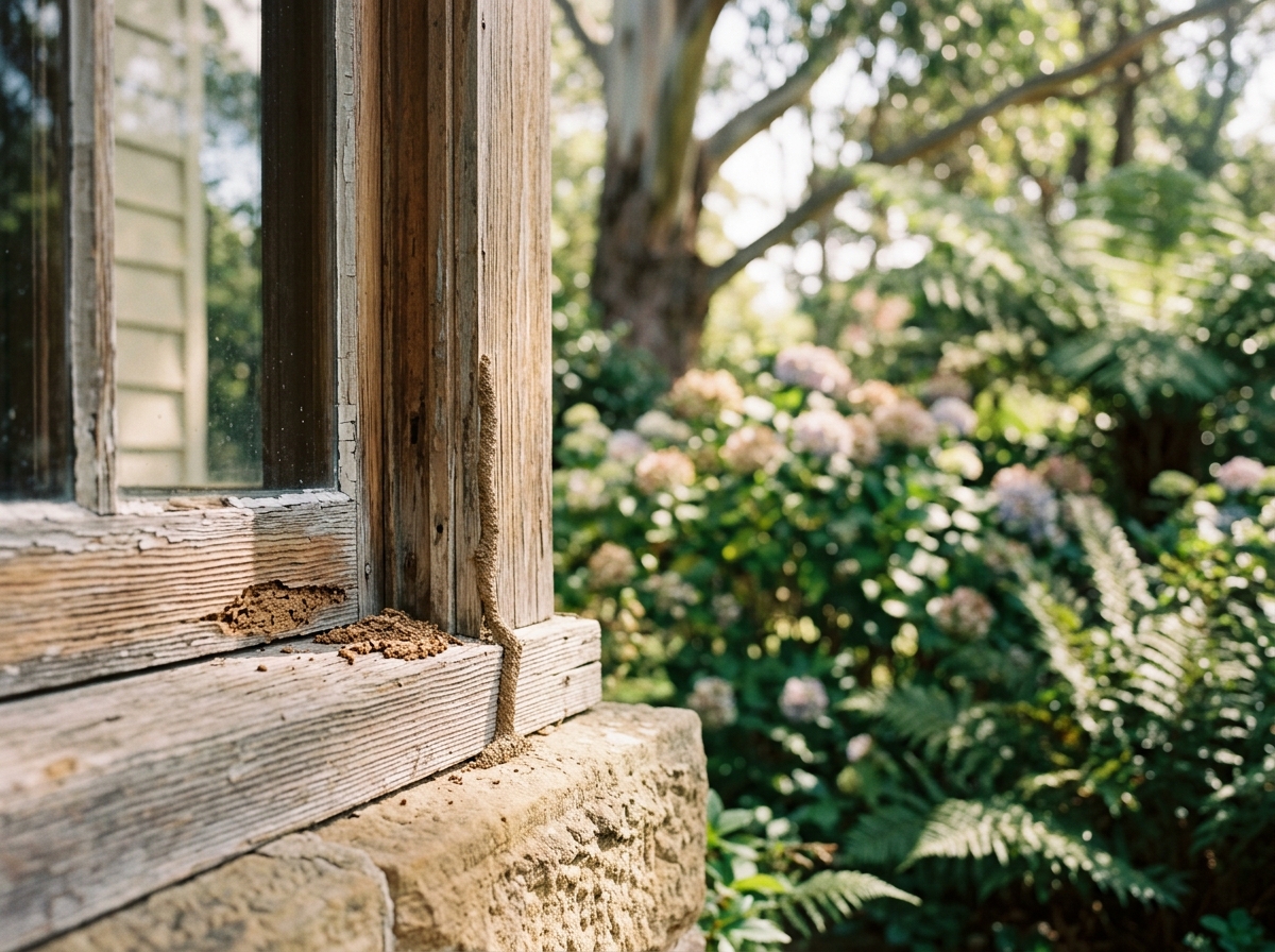 Weathered timber window frame with crumbling damaged wood beside a thin mud termite tube on a sandstone footing.