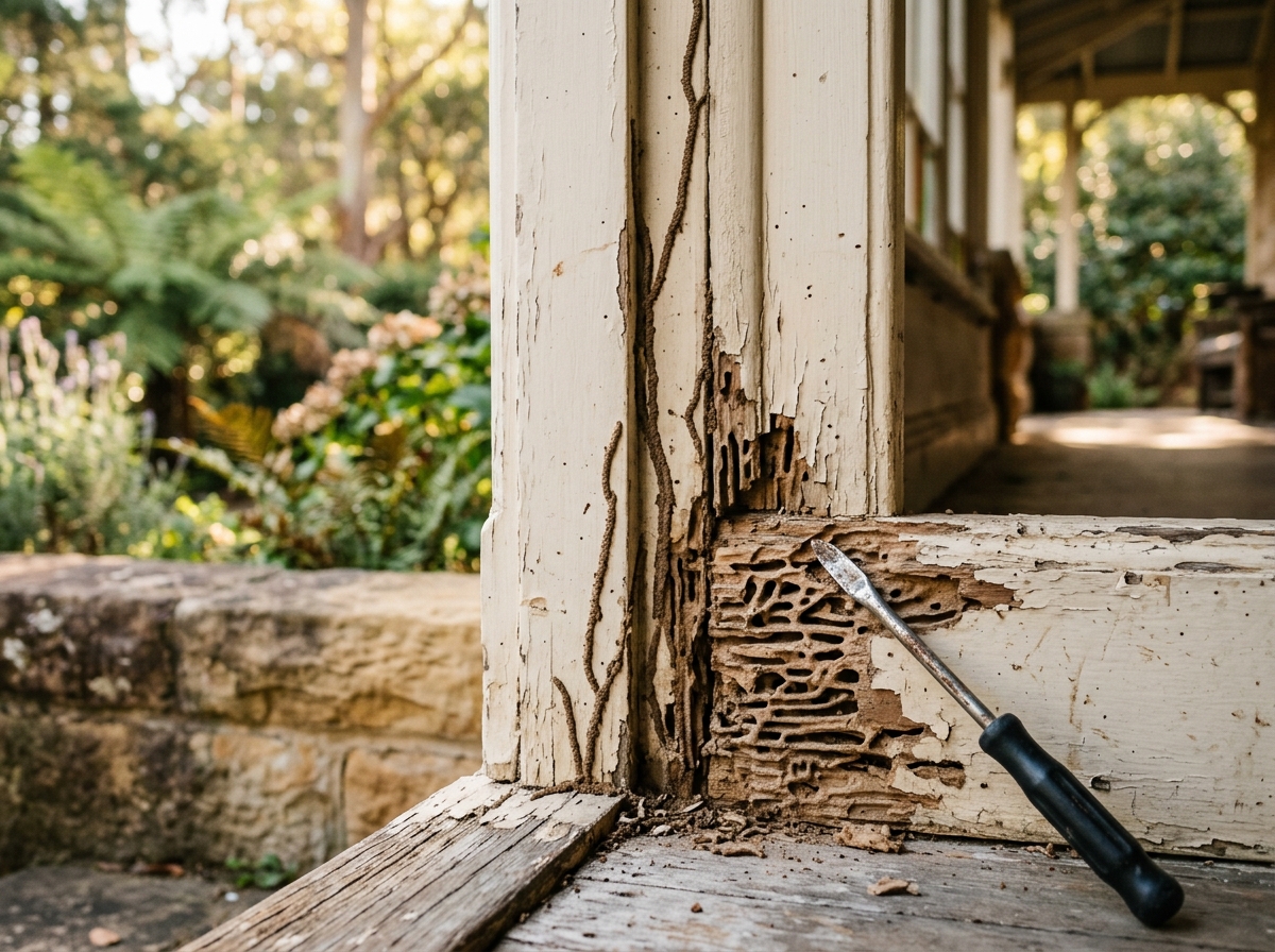 Weathered timber door frame with honeycomb termite galleries and mud tubes, a metal probe against the wood on a cottage veranda.