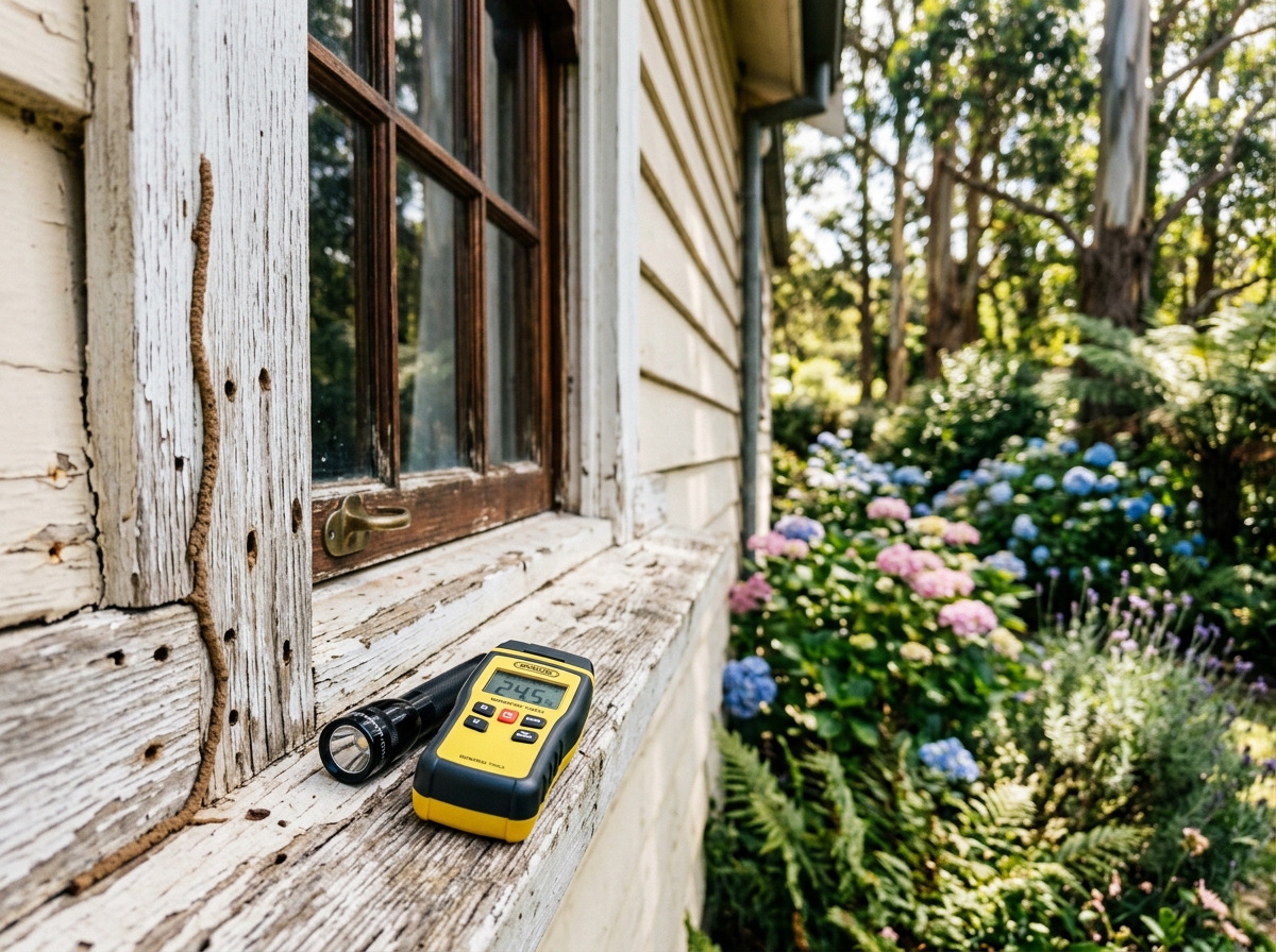 Weathered timber window sill with a thin termite mud tube and bore holes, a flashlight and moisture meter resting on it.