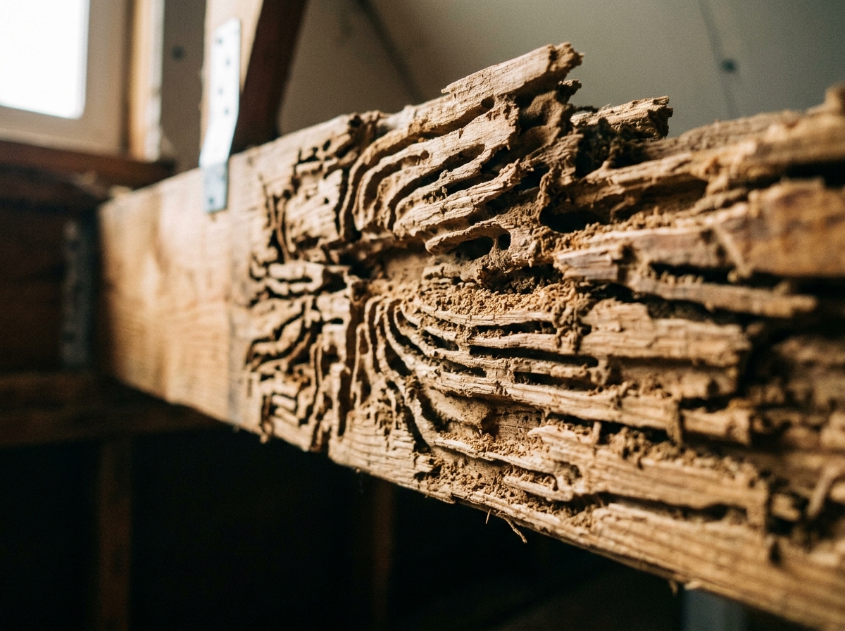 Close-up of termite damage in a wooden beam showing tunnel galleries and wood deterioration in a home interior.