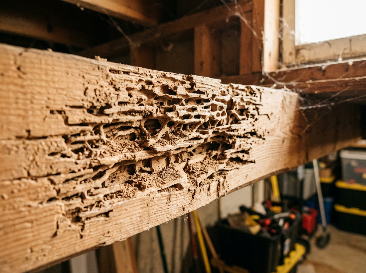 Close-up of termite damage on a wooden beam showing hollow galleries and tunnels with deteriorated wood in a residential basement.