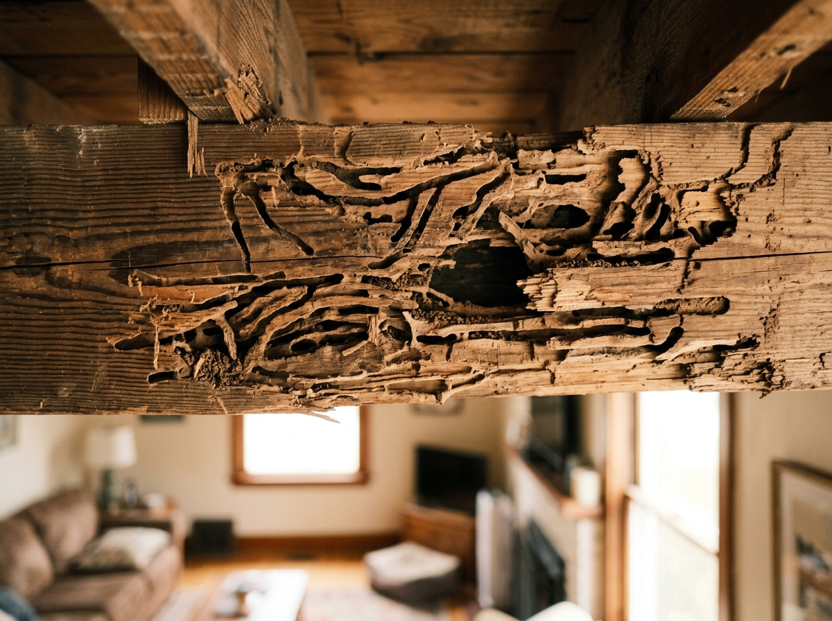 Close-up of wooden beam with termite damage showing tunnels and galleries, lit by natural window light in a home interior.
