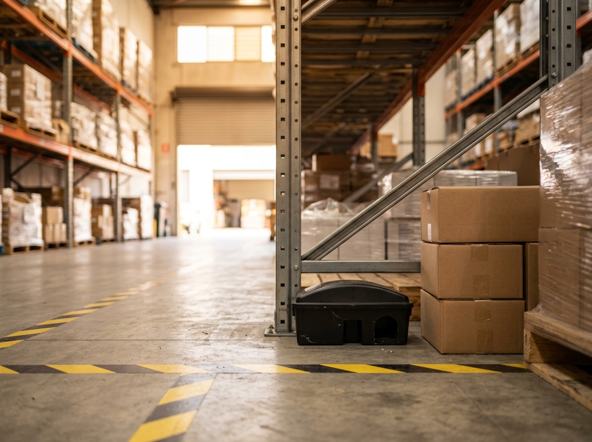 Black rodent bait station beside a steel pallet rack in a tidy warehouse, with stacked cartons and wrapped pallets.