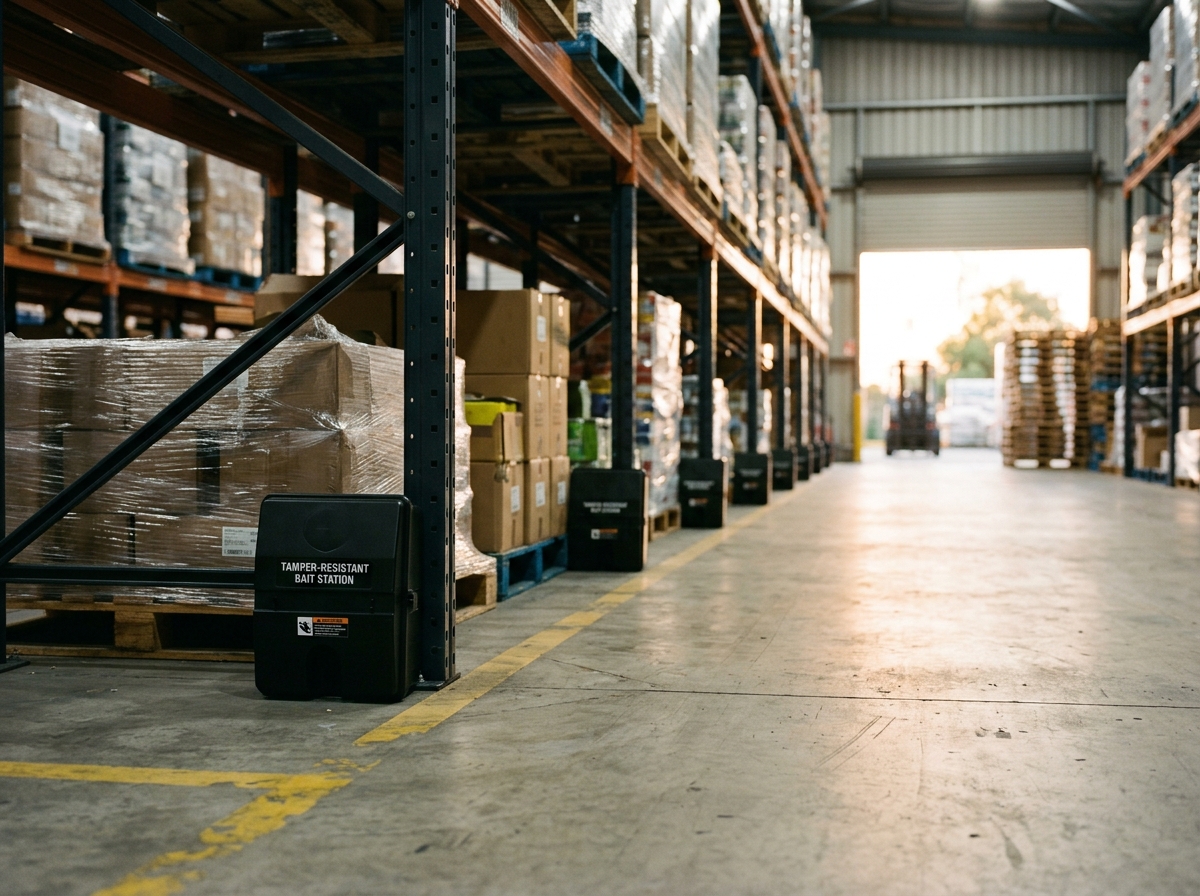 Black rodent bait station beside a pallet rack upright, with more stations lining the warehouse wall toward a sunlit roller door.