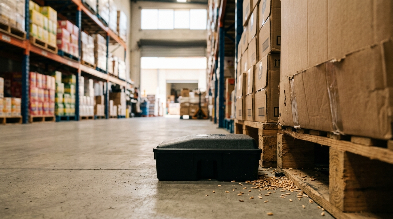 Black rodent bait station against stacked pallets and cartons, with scattered grain husks on a warehouse concrete floor