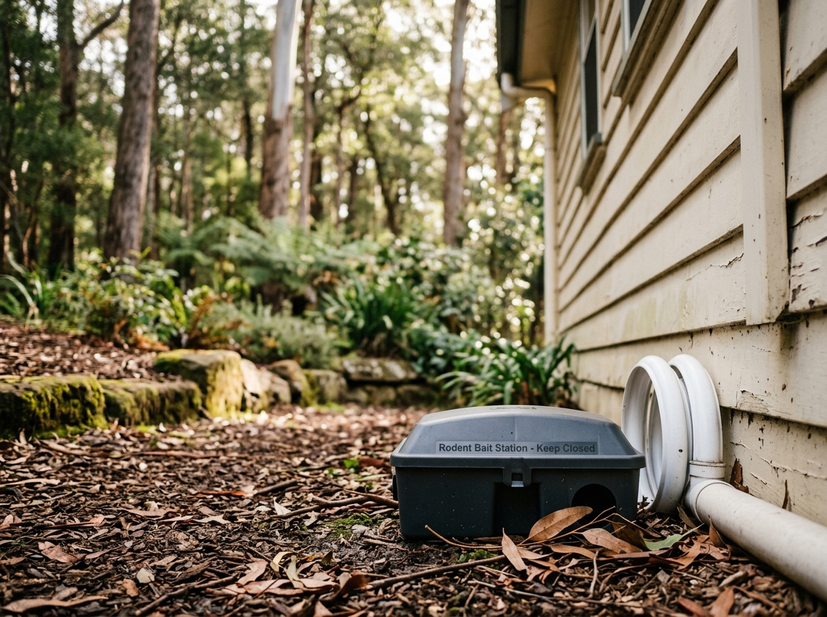 Closed black bait station against a timber cottage wall, with gum leaves, a downpipe coil and mossy sandstone nearby.
