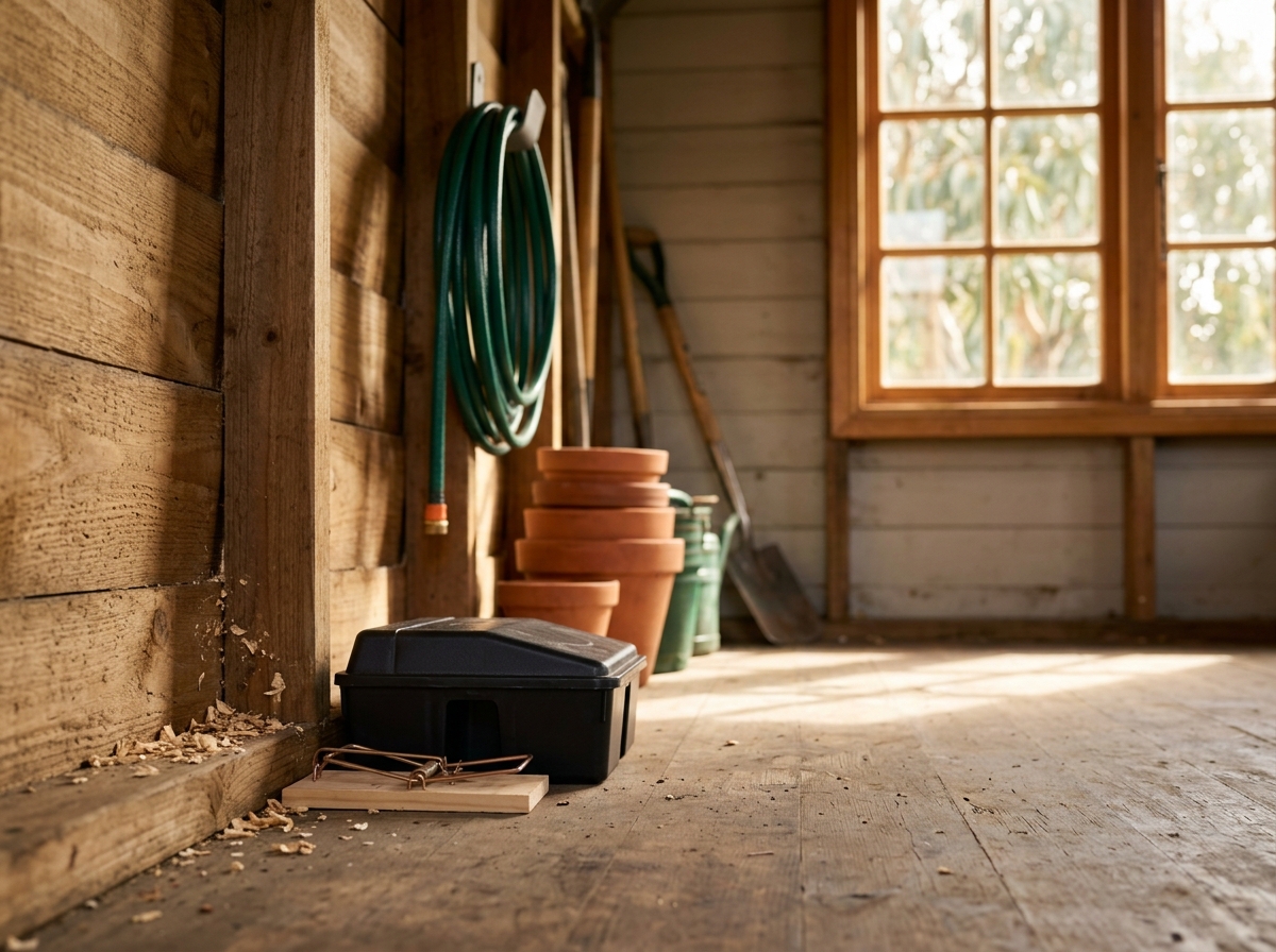 A snap trap and a black bait station against a timber shed wall, with wood shavings nearby, pots and a coiled hose behind.