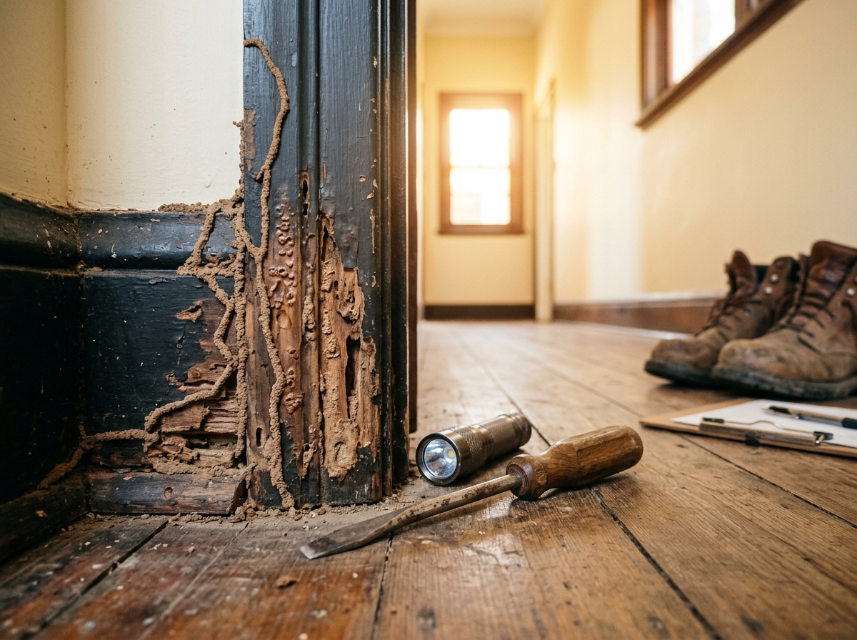 Weathered timber door frame with mud termite tunnels and blistered wood, plus a screwdriver and flashlight on the floor.