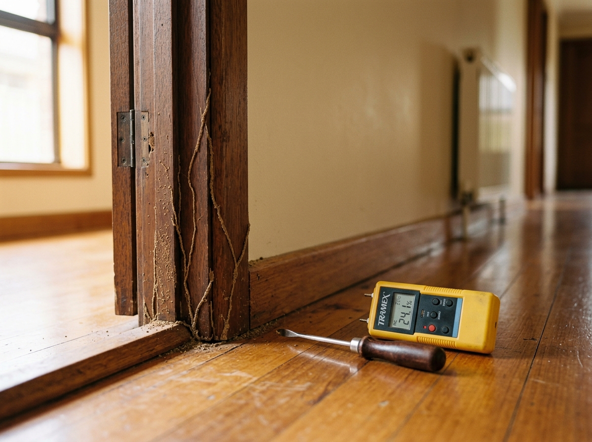 Mud-like termite tubes climbing a timber door frame and skirting board, with a probe and moisture meter on the floor beside it.