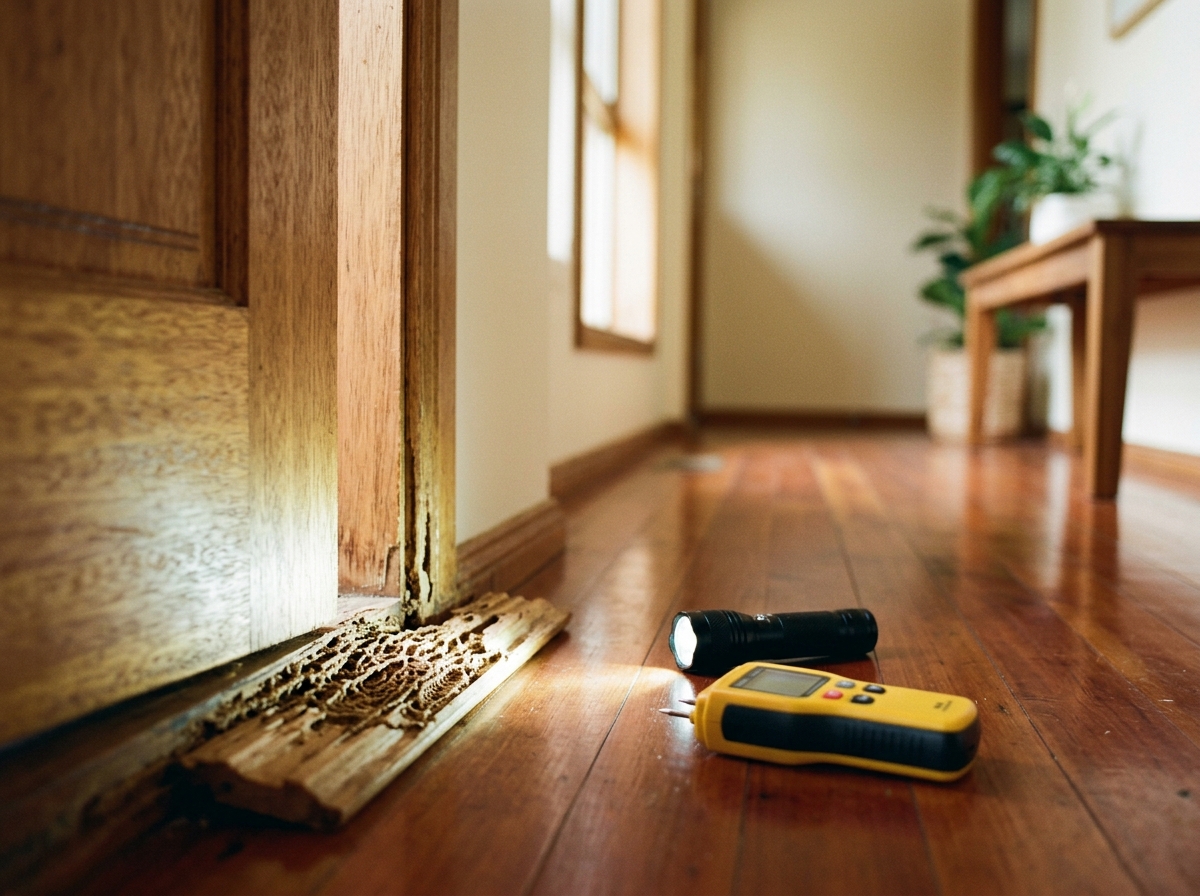 Split timber door frame showing honeycombed mud-tunnel damage, with a flashlight and moisture meter on the hallway floor.