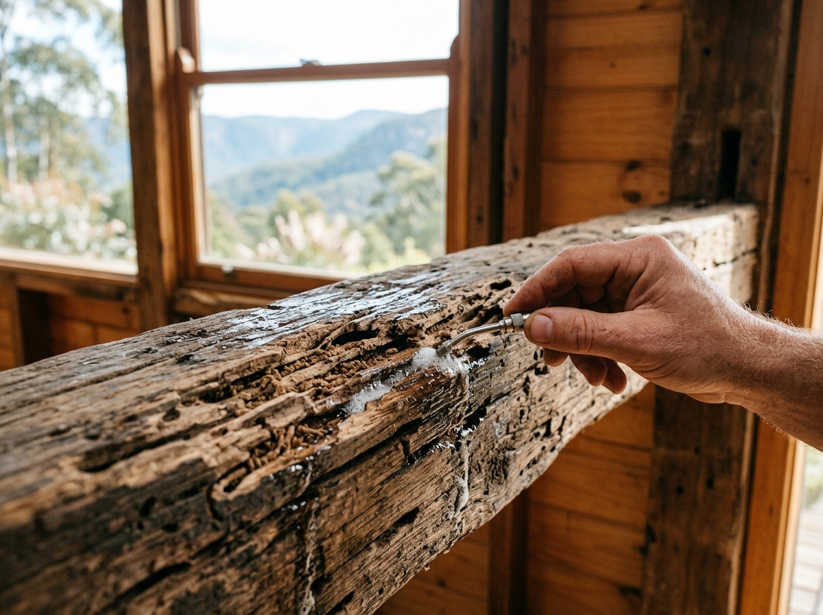Close-up of wooden beam with termite damage and treatment application, natural light from window in Blue Mountains home interior.