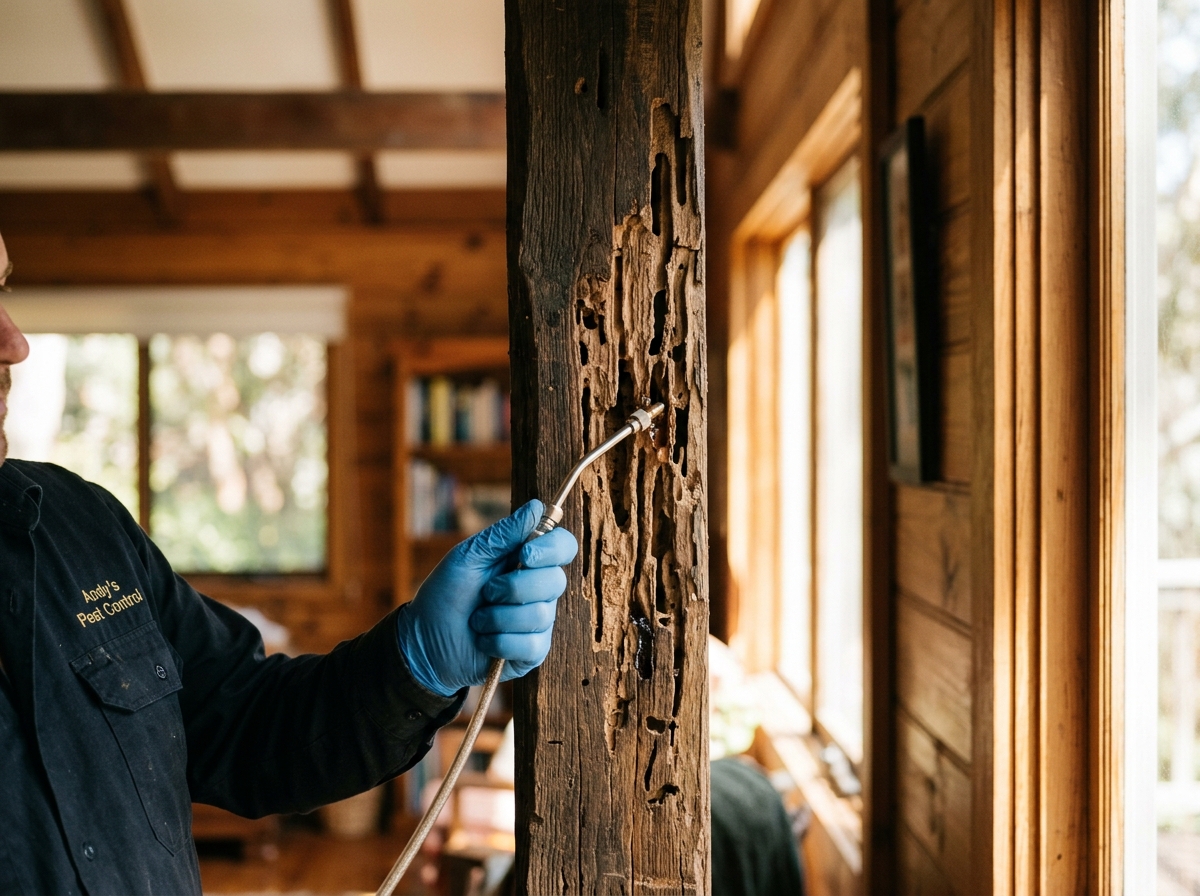 Close-up of wooden beam with termite damage and treatment application, natural light from window in residential home.