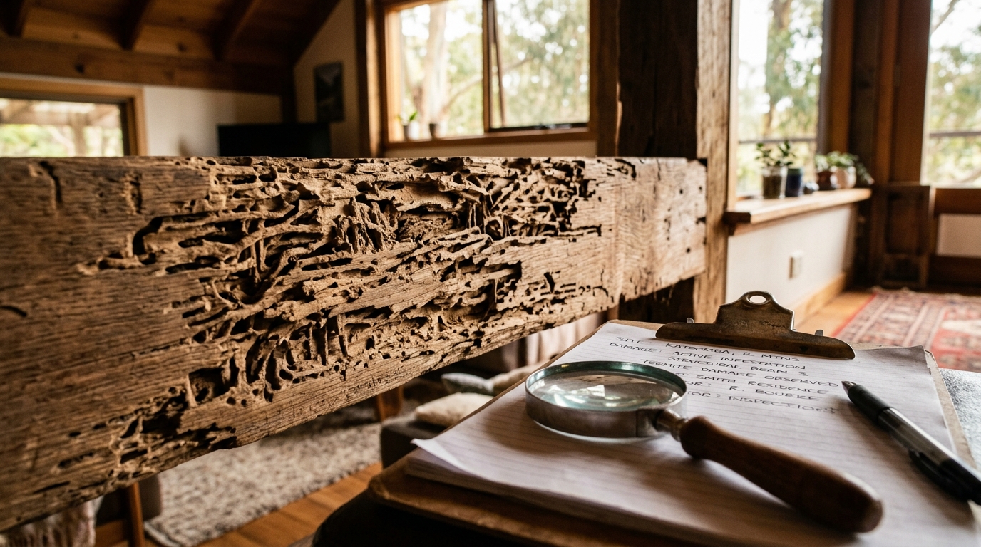 Close-up of termite damage in a wooden beam with inspection tools nearby, illuminated by natural daylight from a window.