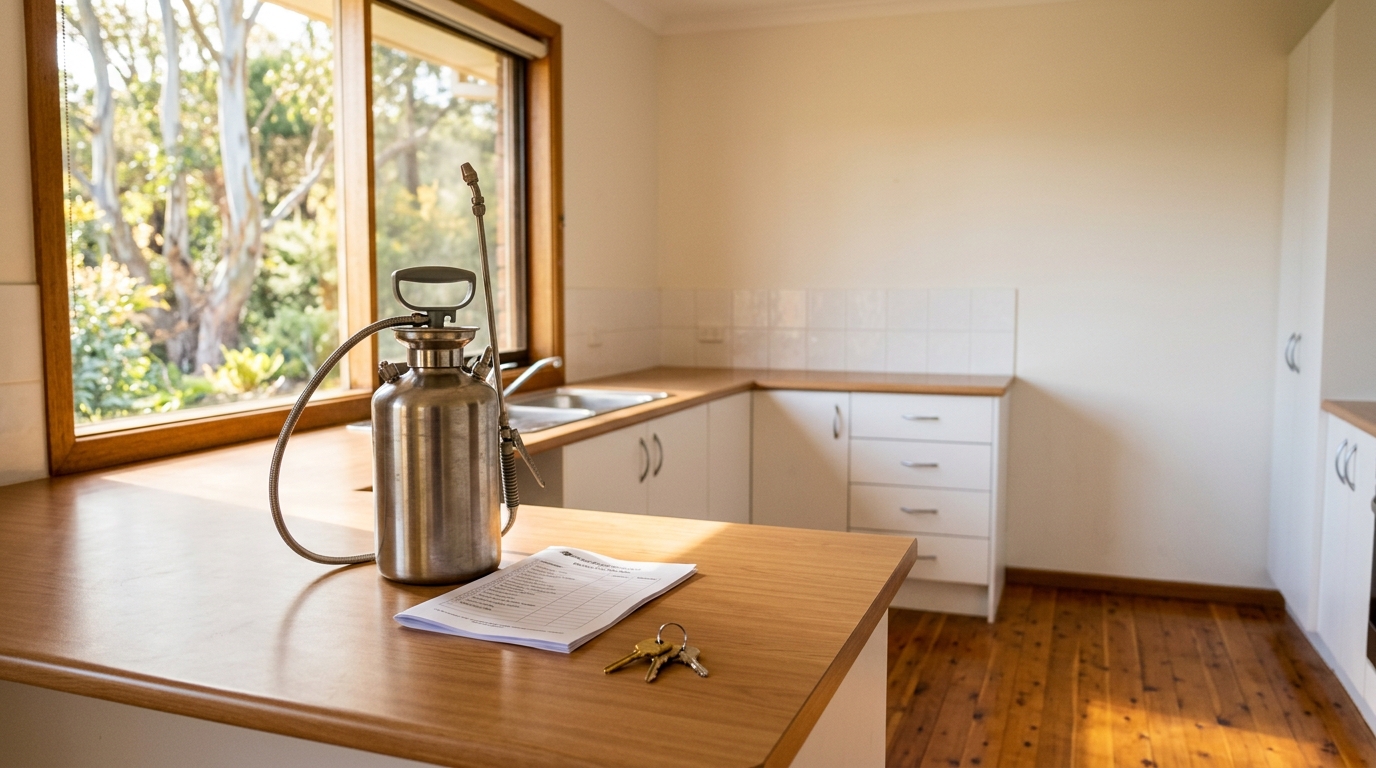 Pump sprayer, folded checklist and keys on a clean kitchen bench in an empty apartment with sunlit eucalyptus trees outside.