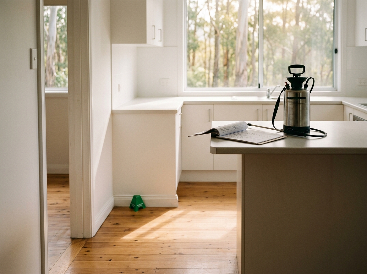 Spotless empty kitchen with a pest inspection checklist and sprayer on the bench, timber floors, and eucalyptus trees outside.