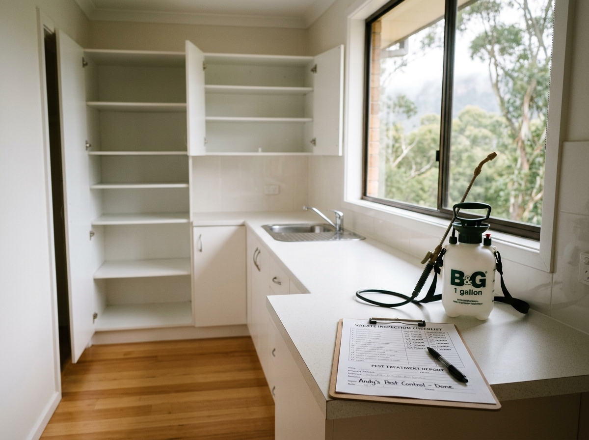 Empty clean kitchen with open cupboards, a pest sprayer and checklist on the white bench, and a window onto misty eucalyptus trees
