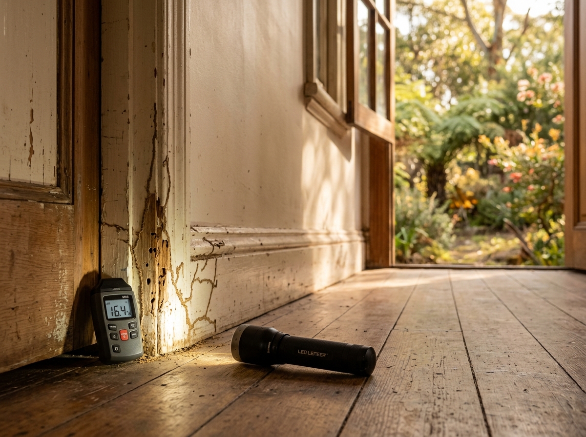 Weathered timber door frame with faint termite mud trails, a torch and moisture meter on the floor beside it.
