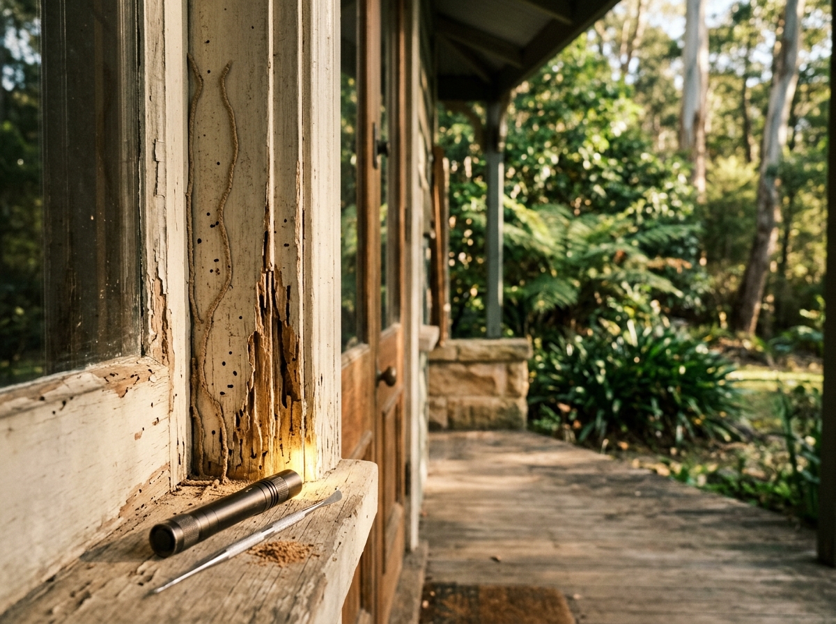 Weathered timber door frame with thin mud tubes and small bore holes, a flashlight and metal probe on the sill beside it.