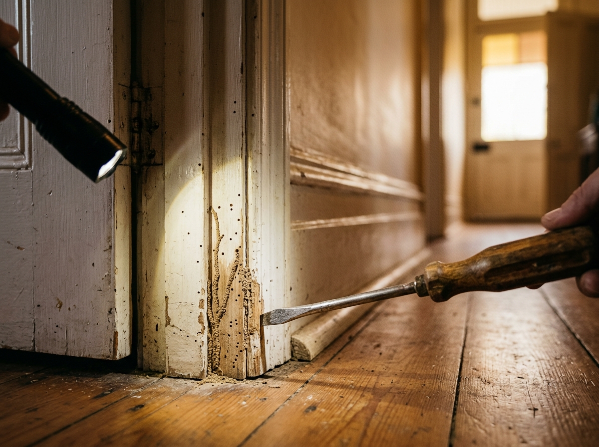 Flashlight beam rakes across a timber door frame and skirting showing mud tracks and tiny holes as a screwdriver taps the wood.