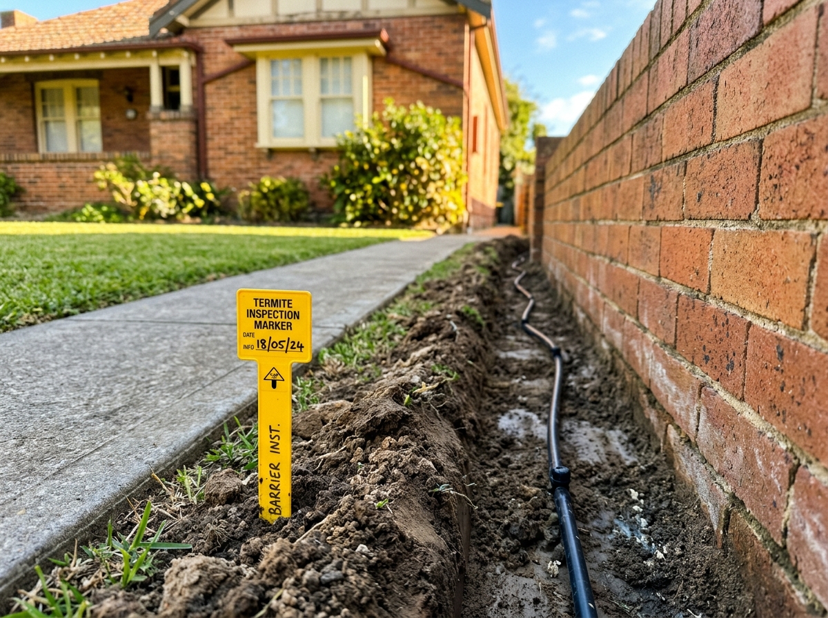 Fresh trench of treated soil along a brick house foundation, with a white pipe and small yellow marker stake beside it.