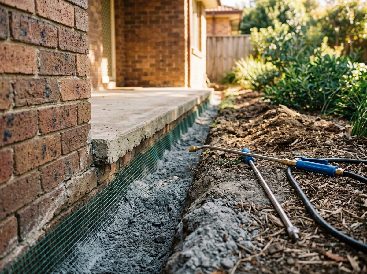 Trench of grey treated soil and mesh barrier along a brick home's slab, with a blue-handled sprayer wand beside it.