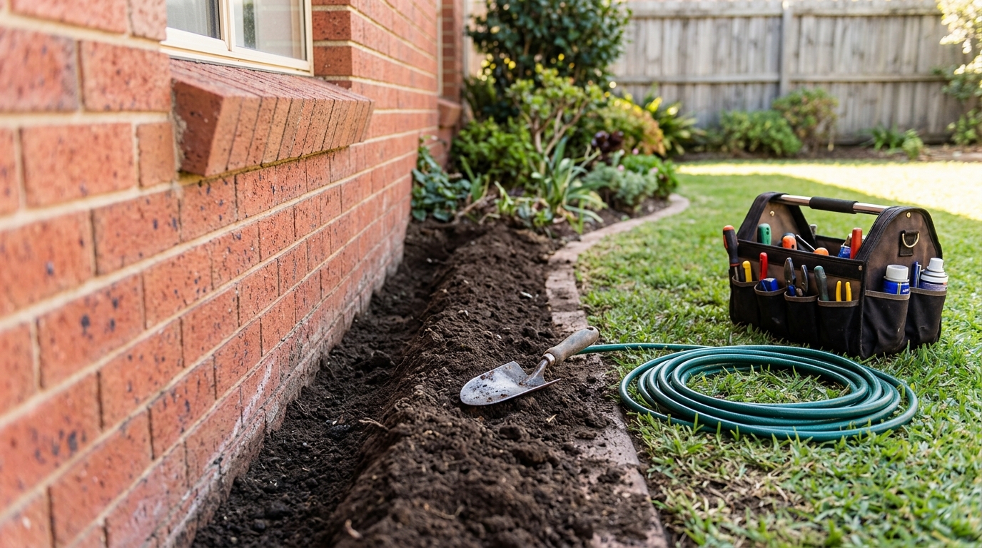 Freshly dug treated soil trench along a brick home's foundation, with a trowel, coiled hose and open tool bag beside it.