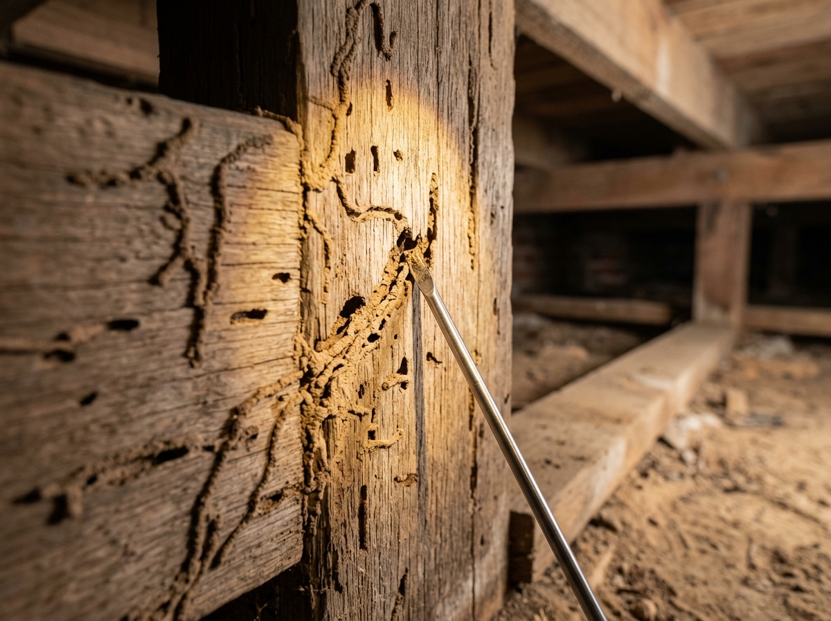 Flashlight beam across a weathered timber stud showing mud tubes and hollowed channels, with a metal probe beside it.