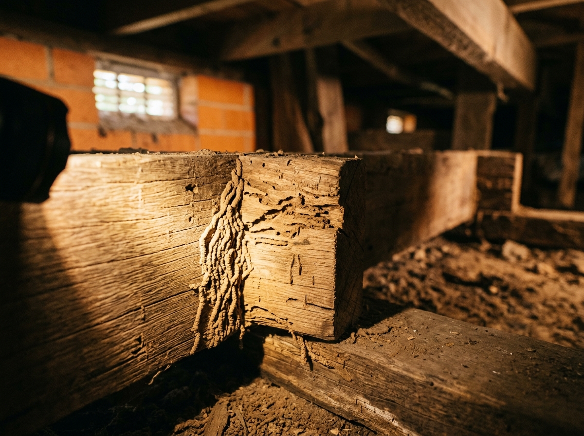Flashlight beam across weathered timber framing showing termite mud tubes and chew galleries in a dim crawl space.