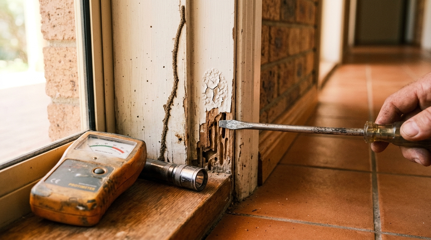 Screwdriver probing hollowed, flaking timber door frame with mud tubes; moisture meter and torch rest on the sill.