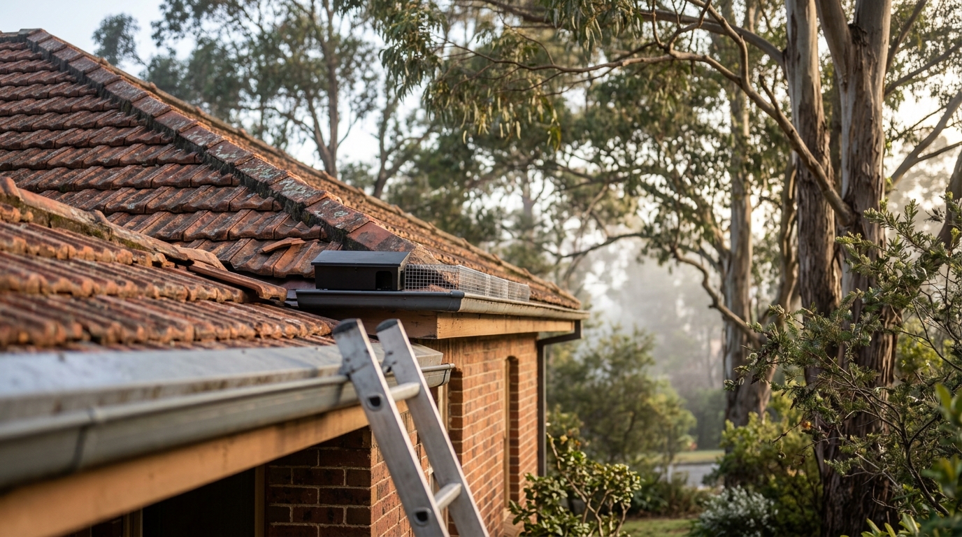 Weathered terracotta roof with lifted tiles, a bait station and mesh vent guard, and a ladder against a misty brick cottage.