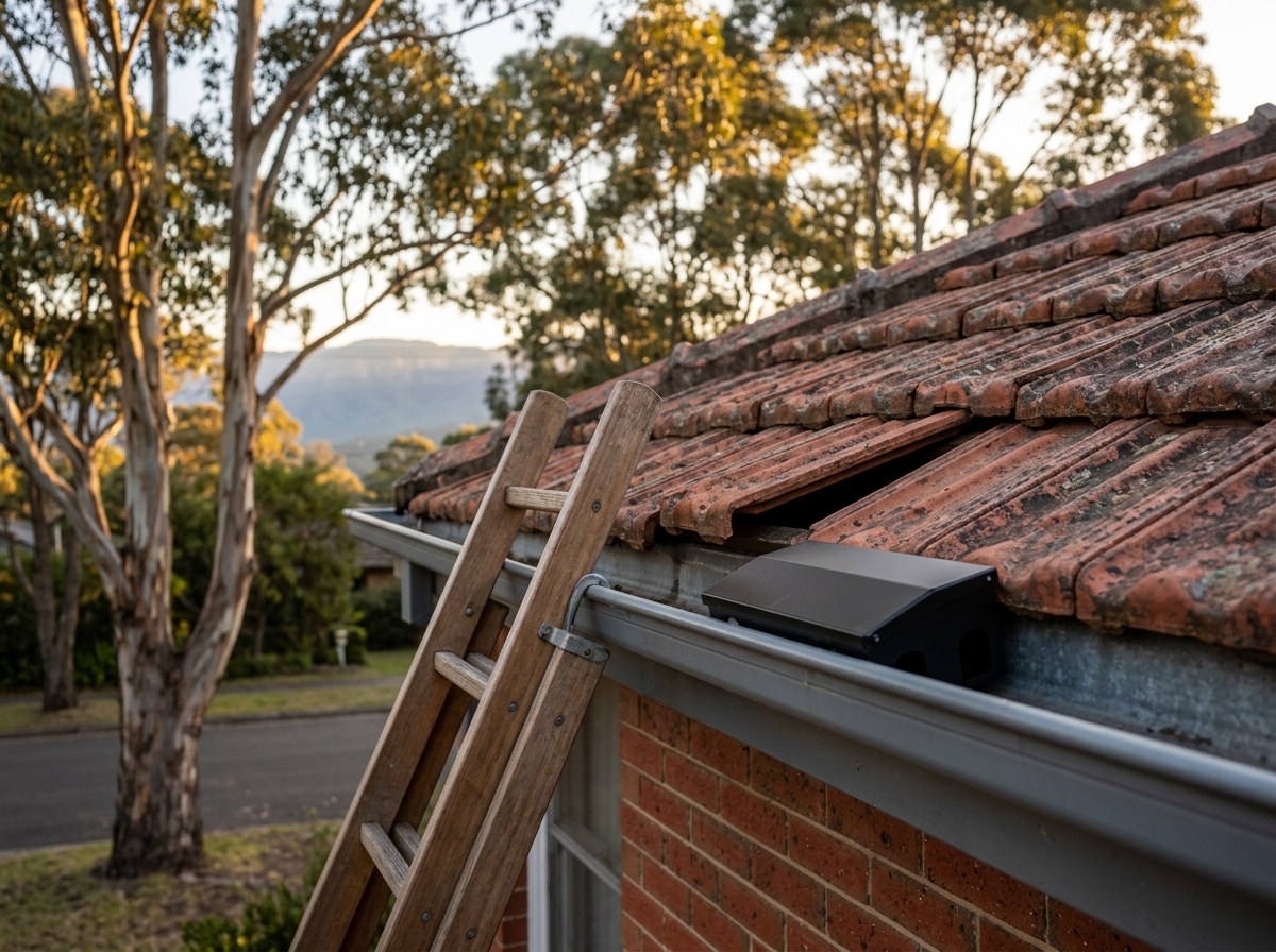Weathered terracotta roof with lifted tiles at the eaves, a ladder against the gutter and a bait station, in golden light.