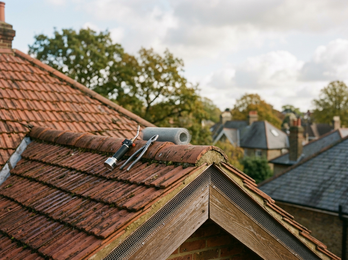 Newly sealed gap under terracotta roof tiles with a fitted mesh vent cover and tools laid along the ridge beside it.