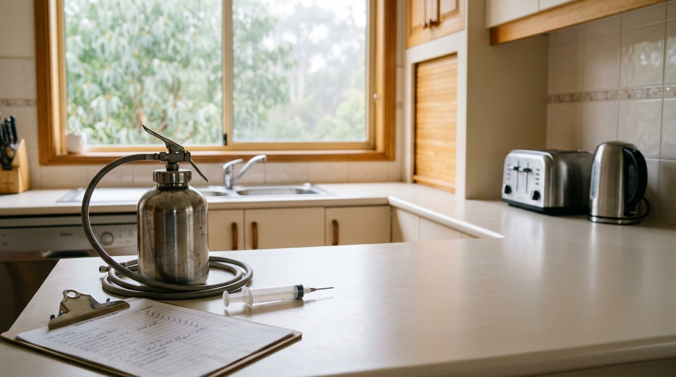 Pest technician's steel sprayer and gel bait syringe on a kitchen bench beside a toaster, kettle and service checklist.