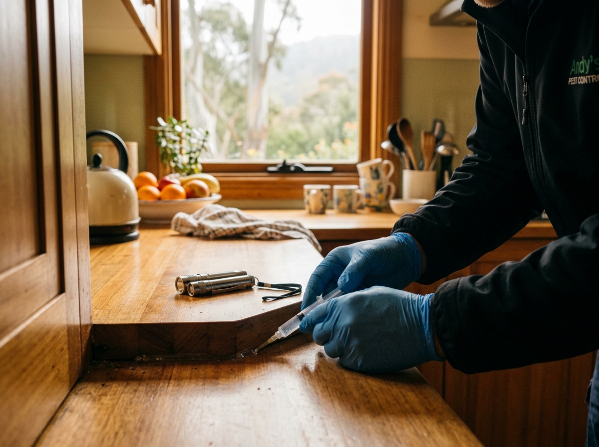 Gloved hands apply a thin bead of gel bait into a gap beneath a kitchen cabinet, with a syringe and torch nearby.