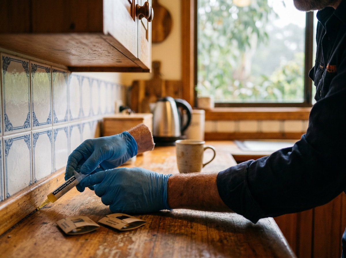 Gloved hands apply a bead of gel bait from a syringe into a cabinet corner crack in a timber kitchen, with monitoring traps nearby.