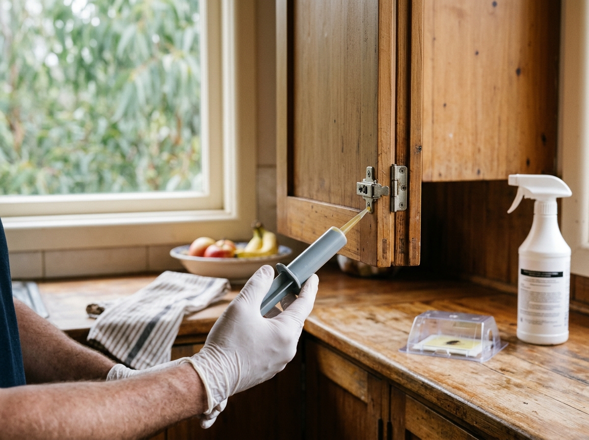 White-gloved hands apply a bead of gel bait to a timber cupboard hinge, with a trap and spray bottle on the benchtop.