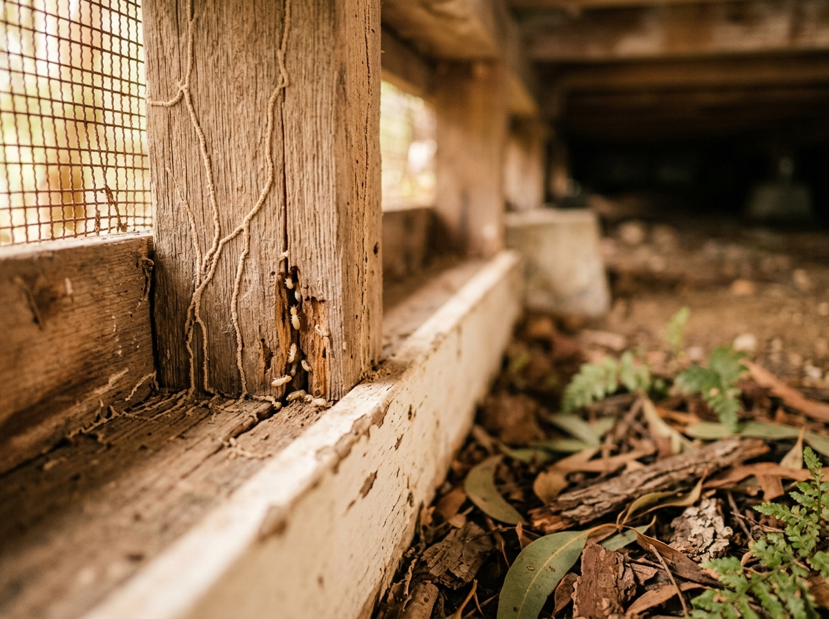 Weathered timber stud and skirting board with fine mud tubes along the grain and pale termites in a crack, lit by soft daylight.