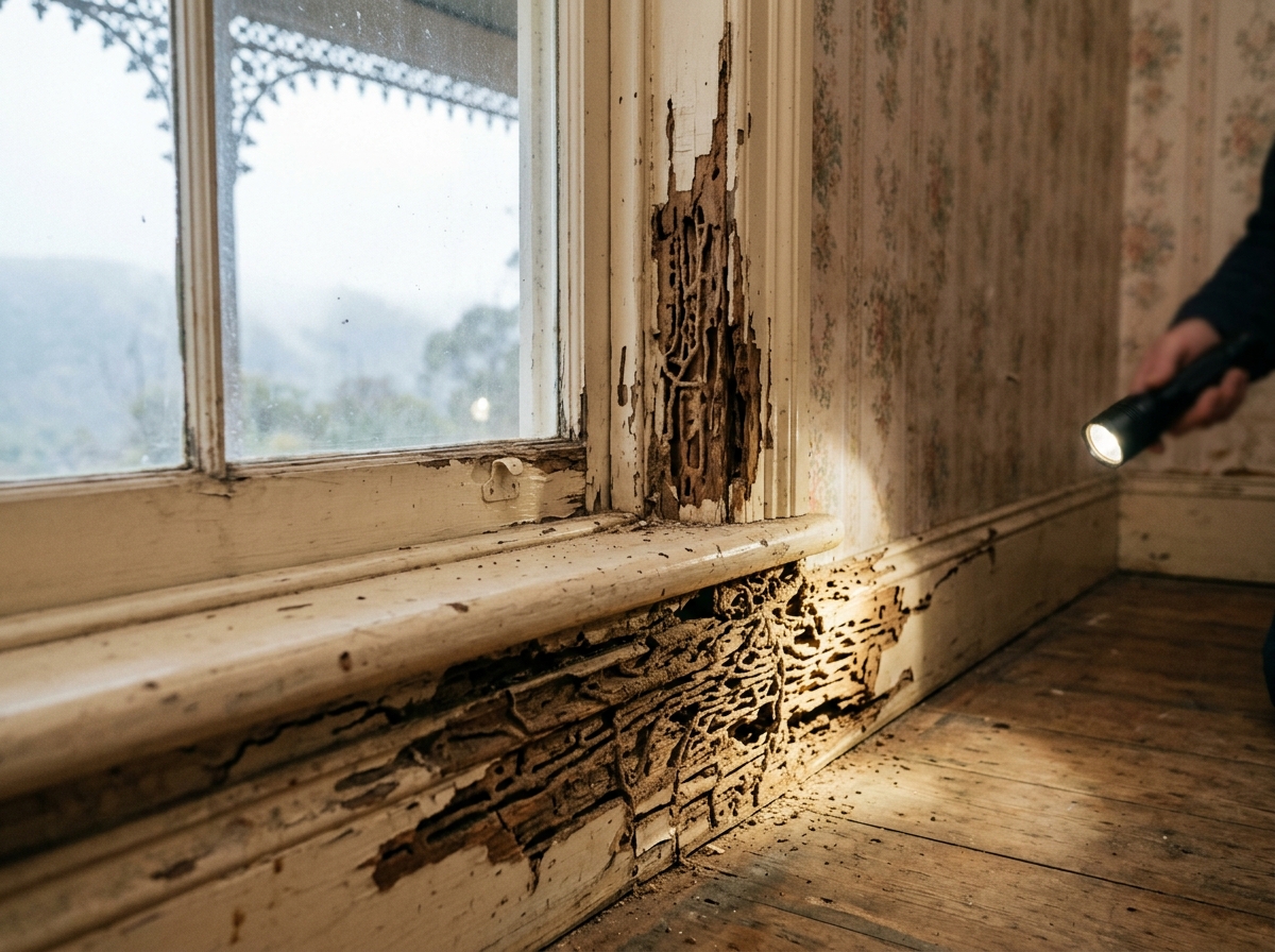 Flashlight beam across a termite-damaged timber window frame and skirting board, with honeycombed wood and mud galleries.